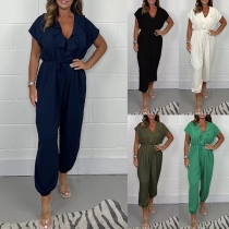Fashion Solid Color Ruffle V-neck Cap Sleeve Jumpsuit