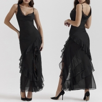 Sexy Gauze Spliced V-neck Ruffle Party Dress