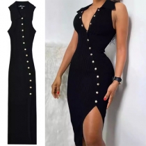 Fashion Stand Collar V-neck Sleeveless Slant Button Side Slit Bodycon Dress