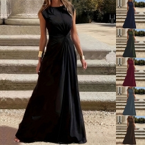 Fashion Round Neck Sleeveless Ruched Cinch Waist Maxi Dress