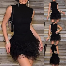 Fashion Mock Neck Sleeveless Gauze Spliced Hemline Tutu Tank Dress