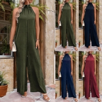 Fashion Solid Color Halterneck Backless Sleeveless Straight-cut Jumpsuit