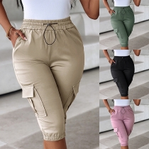 Fashion Solid Color Side Patch Pockets Drawstring Elastic Waist Cargo Pants for Women