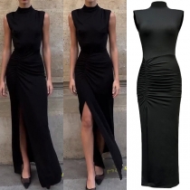 Fashion Mock Neck Sleeveless Side Slit Maxi Dress