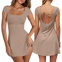 Fashion Square Neck Cap Sleeve Self-tie Backless Mini Dress