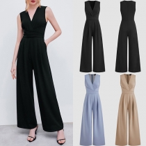 Elegant Solid Color V-neck Sleeveless High-rise Straight-cut Jumpsuit