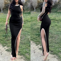 Fashion Contrast Color Round Neck Sleeveless Side Slit Bodycon Tank Dress