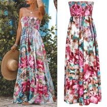 Bohemia Style Floral Printed Strapless Smocked Bodice Maxi Dress