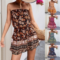 Bohemia Style Floral Printed Strapless Mini Dress
