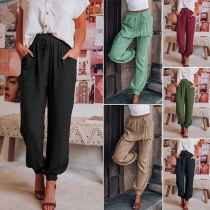 Casual Solid Color Patch Pockets Drawstring Waist Pants