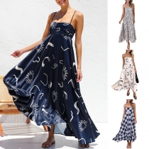 Fashion FLoral Printed Square Neck Backless Irregular Hemline Cami Maxi Dress