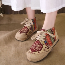 Vintage Floral Emboridery Lace-up Cotton and Linen Shoes