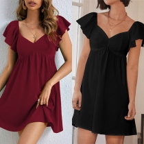 Casual V-neck Ruffle Cap Sleeve Mini Dress