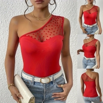 Fashion Heart Pattern Gauze Spliced One-shoulder Red Shirt