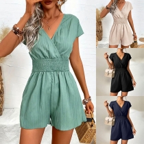 Casual V-neck Cap Sleeve Back Bowknot Romper