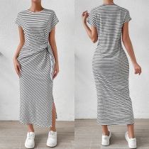 Casual Striped Printed Cap Sleeve Ruched Side Slit Dress