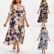 Bohemia Style Floral Printed V-neck Short Sleeve Self-tie Plus-size Wrap Dress