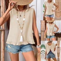 Fashion Round Neck Sleeveless Ruffle Slit Shirt