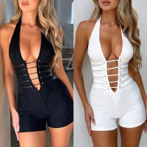 Sexy Plunge V-neck Halter Neck Lace-up Backless Romper
