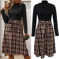 Elegant Contrast Color Plaid Dress with Round Neck, Long Sleeve and Self-tie Waist
