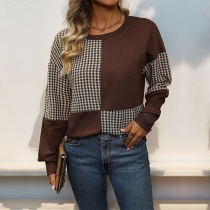 Casual Contrast Color Houndstooth Round Neck Long Sleeve Sweatshirt