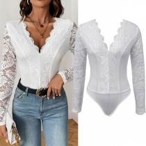 Sexy V-neck Long Sleeve Lace Spliced Bodysuit