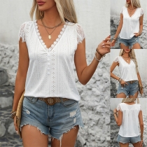 Casual Lace Spliced V-neck Cap Sleeve Shirt