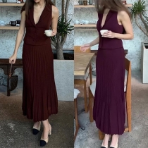 Elegant Two-piece Set Consist of Sleeveless Vest and Pleated Skirt