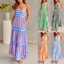 Fashion Contrast Color Square Neck Side Pockets Cami Maxi Dress