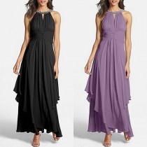 Fashion Beaded Halter Neck Sleeveless Cinch Waist Chiffon Dress