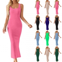 Fashion Solid Color Square Neck Sleeveless Ribbed Tank Dress