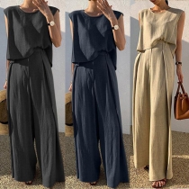 Comfy Fashion Cotton and Linen Two-piece Set Consist of Sleeveless Shirt and Wide-leg Pants