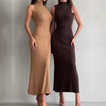 Elegant Mock Neck Sleeveless Bodycon Ribbed Dress