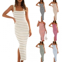 Fashion Stripe Printed Square Neck Side Slit Bodycon Dress