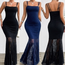 Sexy Square Neck Sleeveless Fishtail Jacquard Lace Bodycon Maxi Dress