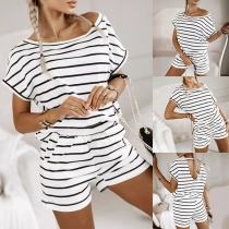 Casual Stripe Printed Two-piece Set Consist of Backless Shirt and Shorts