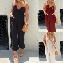 Sexy Halterneck V-neck Smocked Backless Patch Pockets Loose Jumpsuit