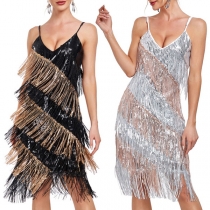 Fashion V-neck Bling-bling Contrast Color Tassel Party Dress