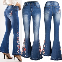 Vintage Floral Embroidery Frayed Hemline Flare Old-washed Denim Jeans