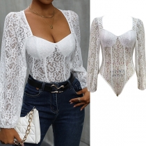 Sexy Sweetheart Neckline Puff Long Sleeve Backless Bodysuit