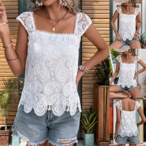 Fashion Square Neck Cap Sleeve Paisley Pattern Lace Shirt