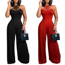 Sexy Criss-cross Halter Neck High-rise Wide-leg Jumpsuit