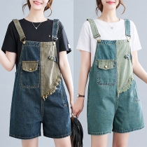 Fashion Contrast Color Patch Pockets Old-washed Denim Suspender Romper