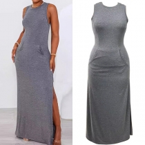 Casual Crew Neck Sleeveless Kangaroo Pockets Side Slit Maxi Dress
