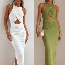 Sexy Round Neck Sleeveless Front Cutout Side Slit Bodycon Dress