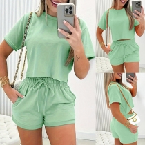 Fashion Solid Color Two-piece Set Consist of Short Sleeve Shirt and Drawstring Shorts
