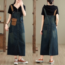 Fashion Patch Pockets Old-washed Denim Suspender Dress