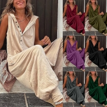 Casual Solid Color Front Button Sleeveless Hooded Jumpsuit