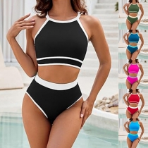 Sexy Contrast Color Two-piece Bikini Set Consist of Halterneck Swimming Top and High-rise Bikini Bottom