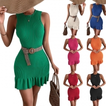 Fashion Round Neck Sleeveless Ruffle Hemline Ribbed Dress